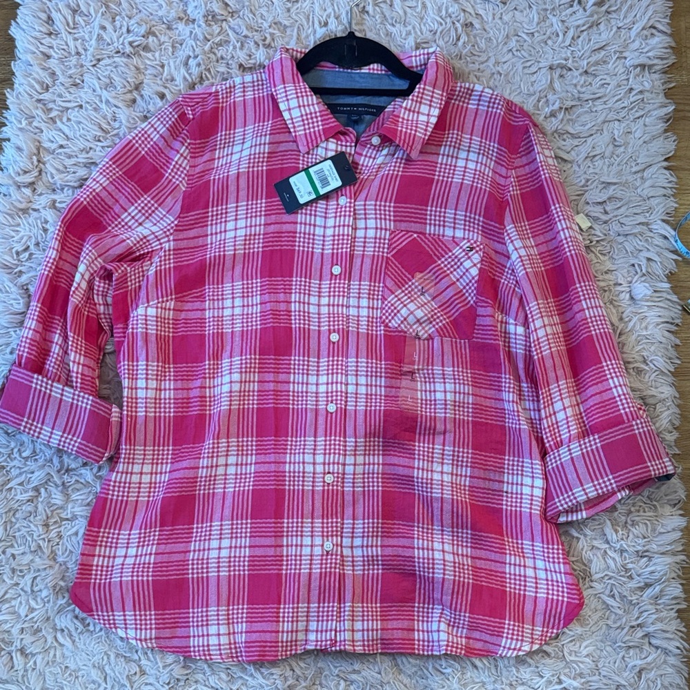 Women  Tommy Hilfiger Pink & White Plaid Button-Down Shirt Size Large